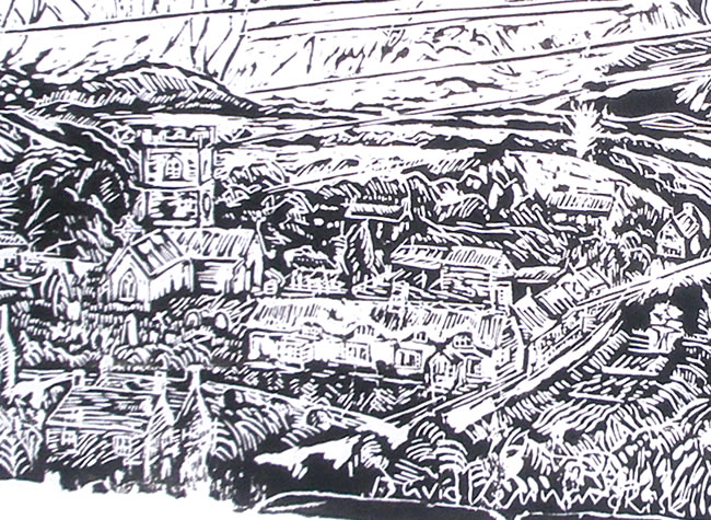Powerstock detail - woodcut by David Risk Kennard