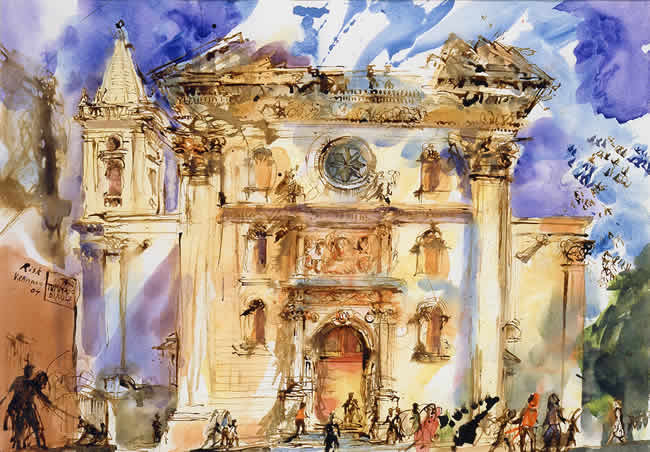 Birkirkara Old Church - watercolour by David Risk Kennard