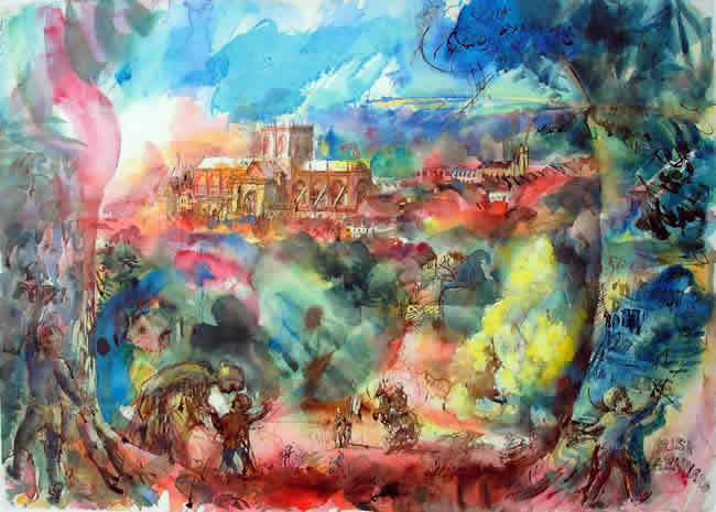 Sherborne Abbey - watercolour by David Risk Kennard