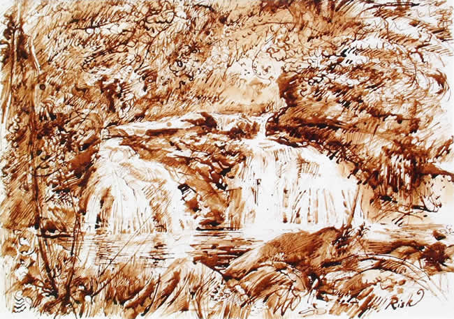 Waterfall - pen and ink by David Risk Kennard